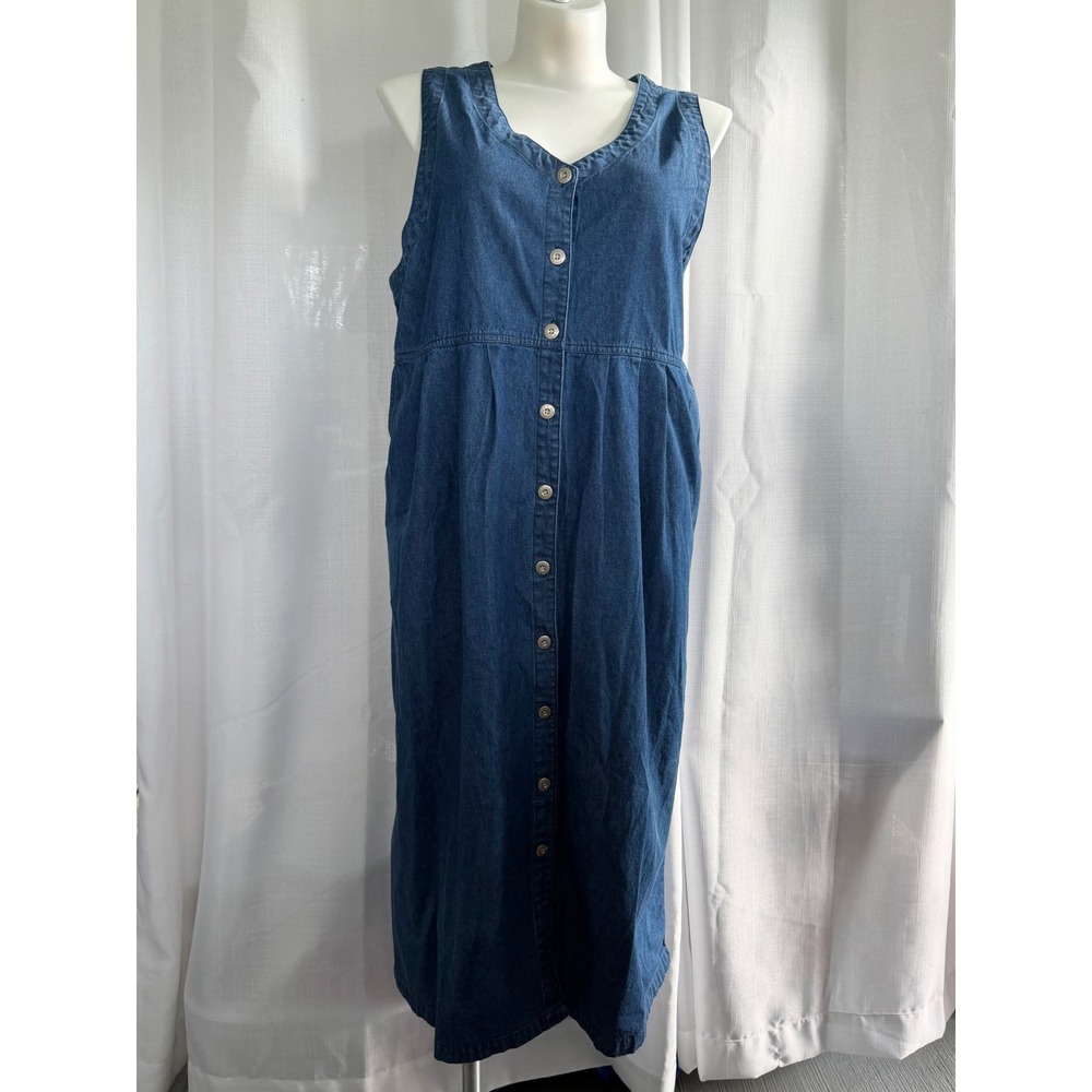 Vintage 90s Denim Jumper Midi Dress Women's 2X Blue Button Front Farm Country